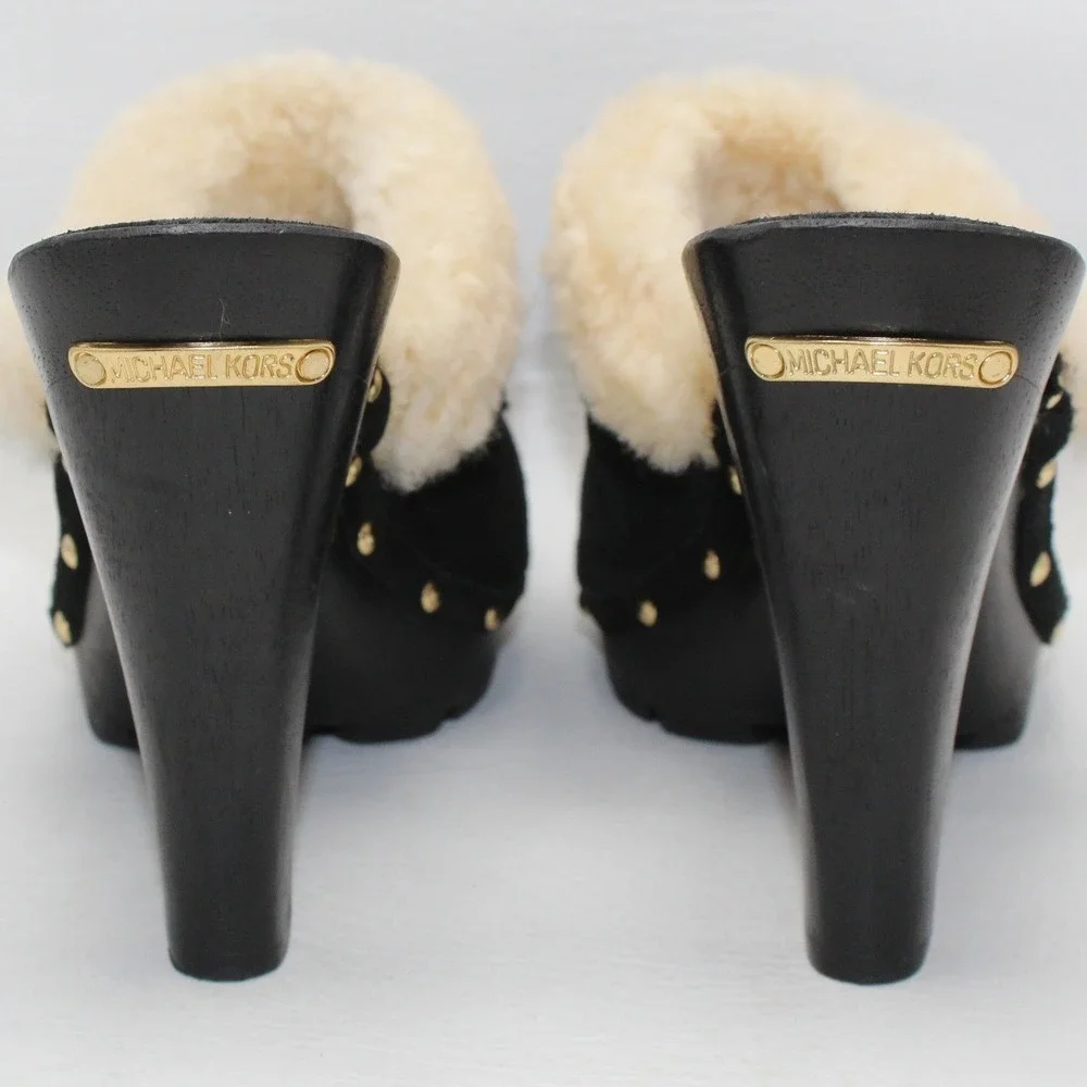 Michael Kors Black Suede‎ Shearling Trim Studded Platform Clogs Heels 8.5M NWOB
